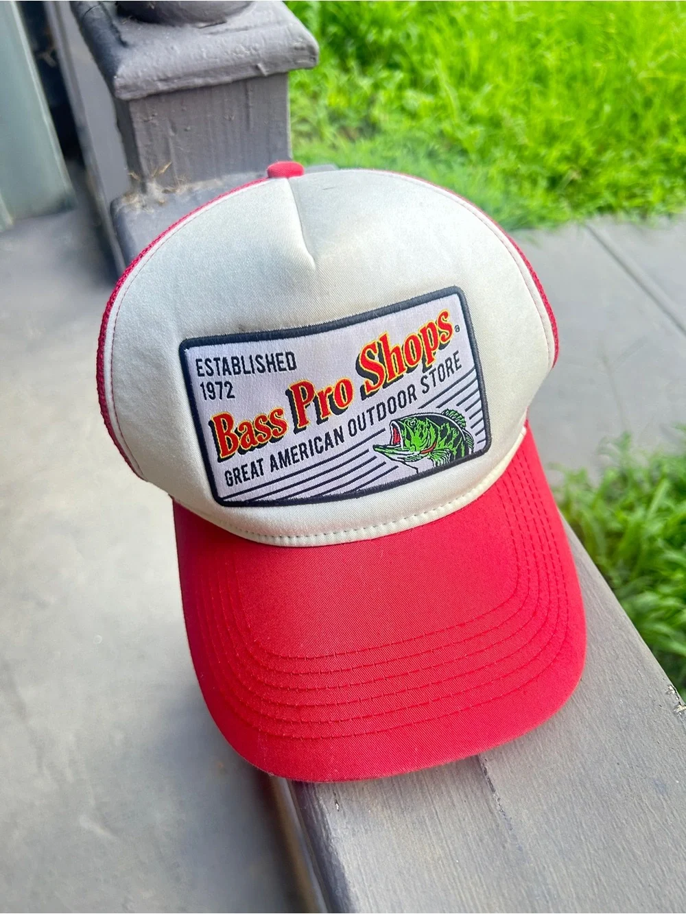 Bass Pro Shops Cream and Red Patch Trucker Hat